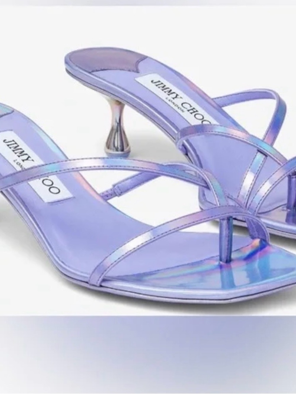 Jimmy Choo Etana 50 metallic Iridescent leather Lilac Strappy Kitten-Heel Mules - Picture 9 of 17
